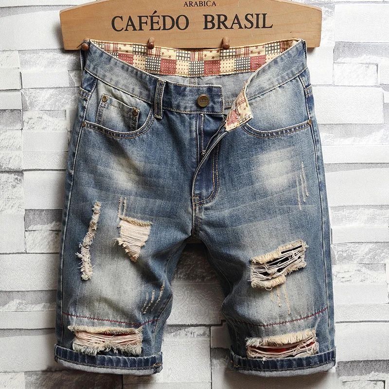 High Quality Men's Summer Holes Denim Shorts Jeans Men Straight Retro Shorts Jeans Men Knee Length Cowboy Jeans Shorts Size 40