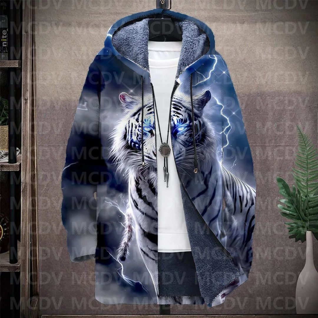 Men's Retro Print Plush Thick Long-Sleeved Coat Cardigan Tiger 3D Prined Fleece Hooded Overcoat Unisex Thick Warm Jacket