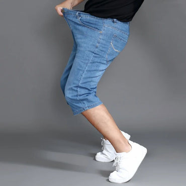 Summer Shorts Calf Length Trousers Plus Size 48 42 Men Denim Elastic Stretched Thin Jean Oversized Classic Straight Streetwear