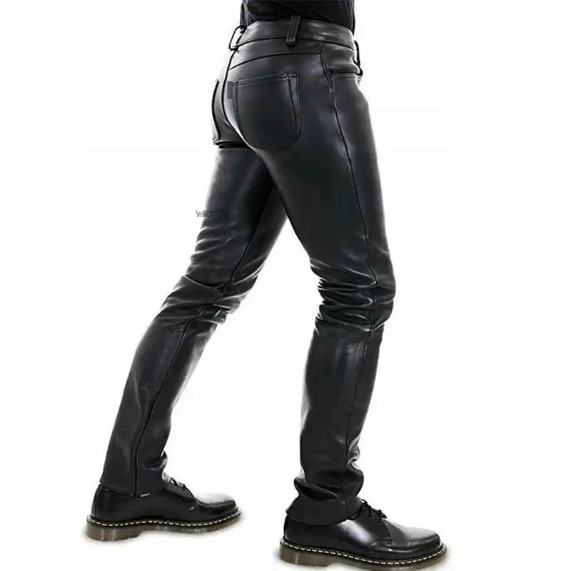 Men's Leather Pants 2022 New Solid Color PU Leather Motorcycle Pants Elastic Leisure Punk Style Slim Fit Full Length Trousers