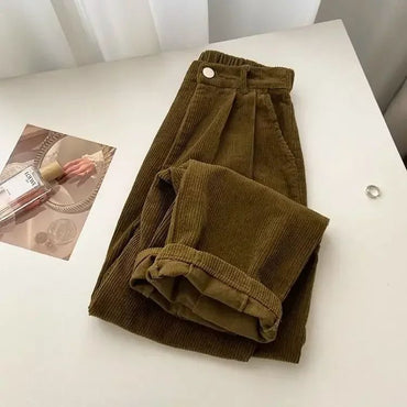 Vintage High Waist Corduroy Pants Women Spring Fall Straight Causal Full Length Trousers Korean Fashion Baggy All Match Pant New