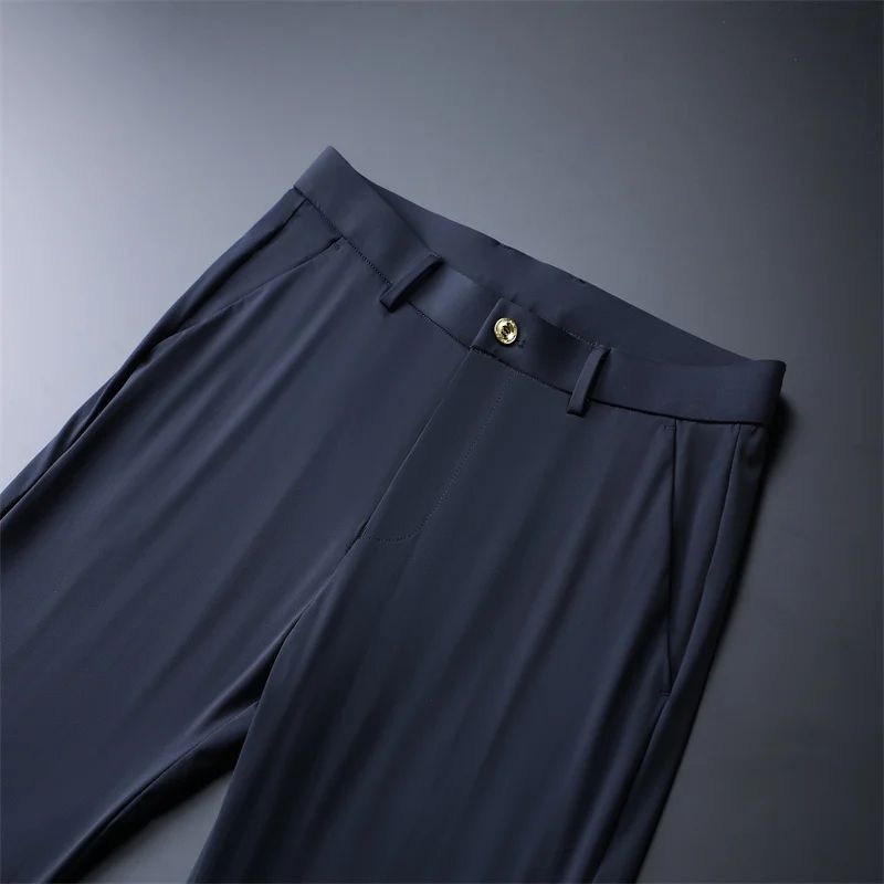 New Summer Men's Ice Silk High Stretch Business Suit Pants Male Army Green Blue Elastic Formal Office Straight Formal Trousers