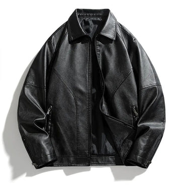 Men Coat Zipper Solid Jackets Long Sleeve Cardigan Leather Outerwear Loose Pockets High Street 2025 Spliced Faux Leather