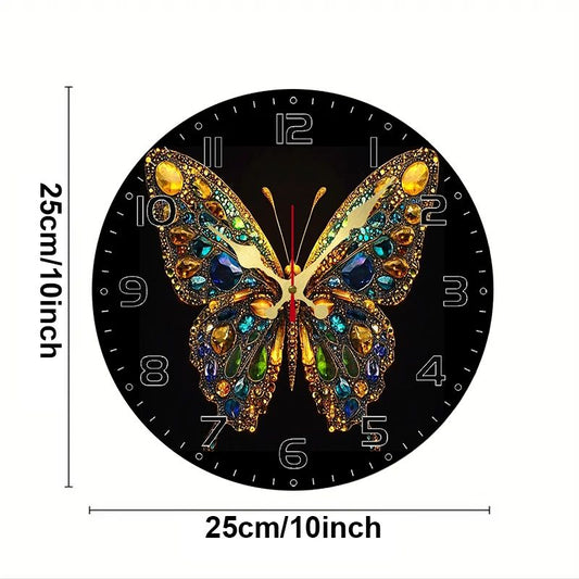 Shiny Butterfly Wooden Round Silent Hanging Wall Clock, Suitable For Living Room, Office, Study Room, Bedroom, Home Decoration