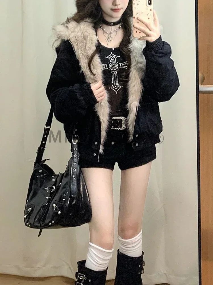 2000s Aesthetic Black Elegant Jacket Woman 2025 Winter Y2k Zip Up Hooded Design Harajuku Coat Female Loose Casual Chic Outfits