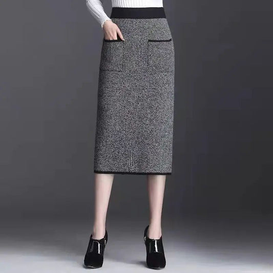 New Style Gold Mink Cashmere Elastic High Waist Office Lady Knee-length Skirts Solid Split Fork Hip Wrap Skirt High Elasticity