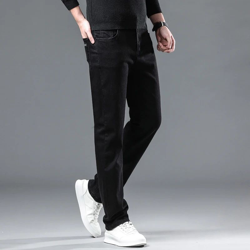2025 New Winter Men Black Straight Stretch Denim Thick Velvet Pants Warm Jeans Casual Fleece Line Trousers Male Plus Size