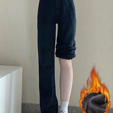 Thickened Fleece Lined Retro Women's Wide Leg Jeans Winter New Style Hong Kong Flavor Small Size Straight Cut Warm Trousers
