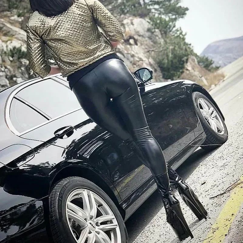 Sexy Black PU Leather Tights Women High Waist Pants High Elastic Slim Fashion Hi