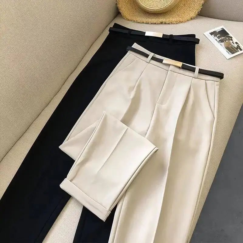 Elegant Summer Casual Pants Women Fashion Solid Color Sashes Slim Straight Trousers Chic Business Mujer Retro Belt Korean Style