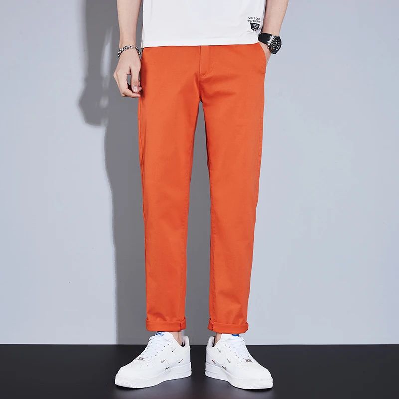 Casual Men Orange Loose Straight Business Pants Green Khaki Elastic Waist Trousers Soft Cotton Lyocell Fabric Korean Cargo Pants