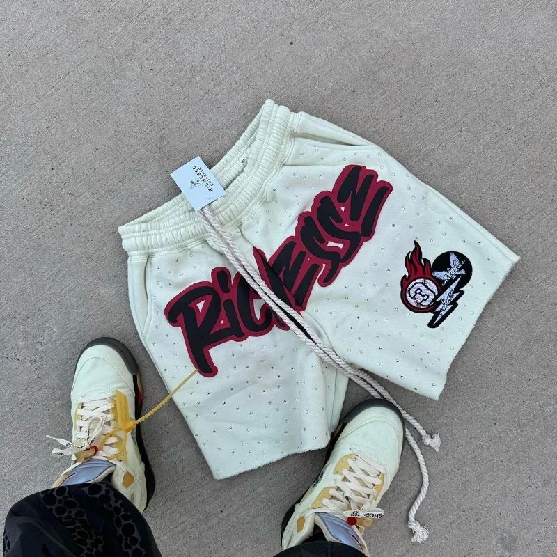 Y2k Harajuku Hip Hop European American Fashion Casual Shorts Retro Rhinestone Men Gym Short Basketball Shorts Jogger Sweatpants