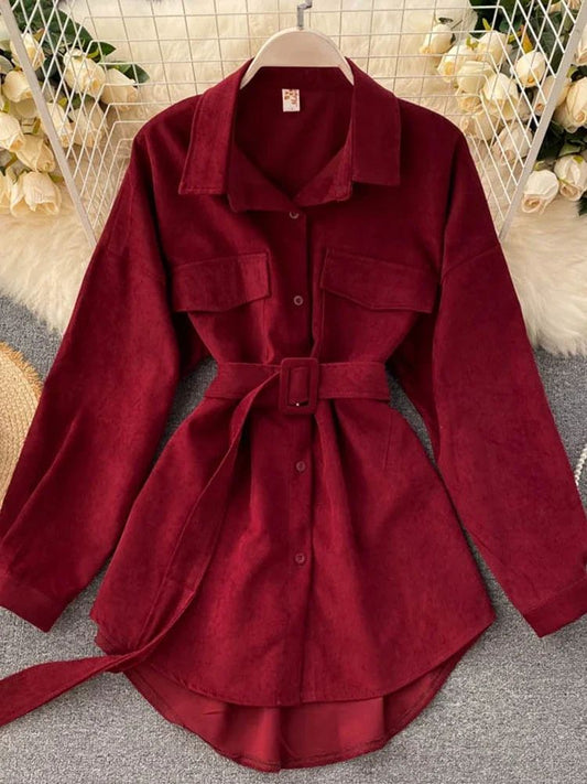 Women Spring Autumn Shirts Retro Cargo Style Pockets Long-Sleeved Shirt Puff Sleeve Bandage Nipped Waist Tops Female PL438