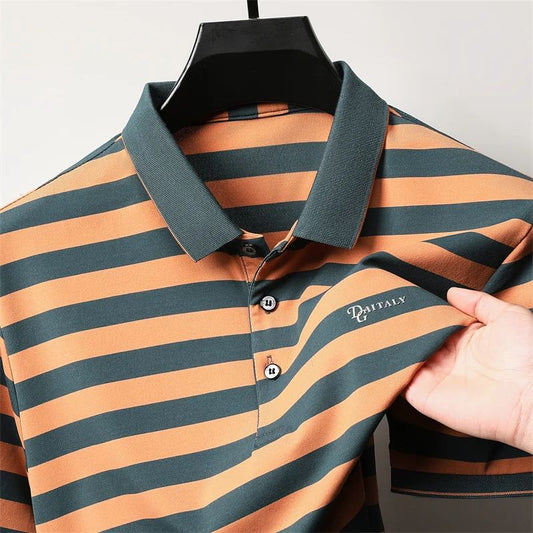 Personalized Striped Color Blocked Men's Short Sleeved Polo Shirt Fashion Brand Exquisite Embossed Summer Casual Collar T-shirt