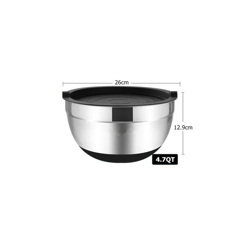 Silicone base thickened with lid cooking basin anti slip salad mixing bowl stainless steel egg beater bowl for kitchen baking