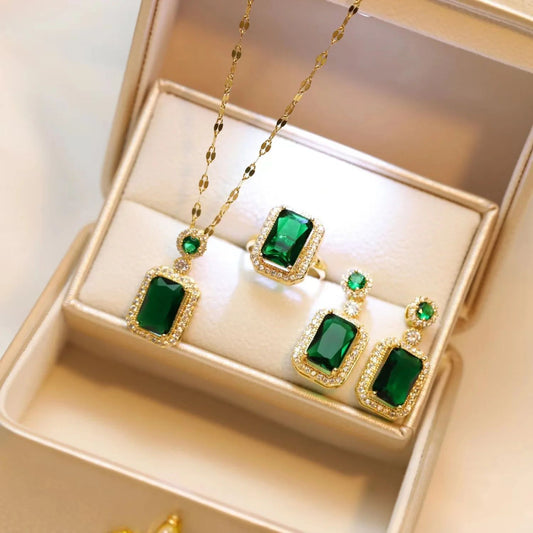 Exquisite Fashion Emerald Perfume Bottle Necklace Earrings Ring 3 Piece Set Classic Banquet Wedding Jewelry Set Birthday Gift