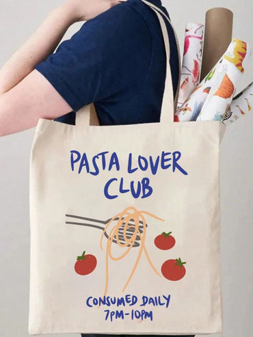 1pcs Pasta Lover Club Artistic Print Canvas Tote Bag Vintage Style Art Bag Luggage Bag Reusable Shoulder Bags