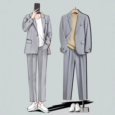 Casual Drapey Suit Set Men's Stylish Complete Set Cool College Students Street Fashion Korean Version Autumn Winter Suit