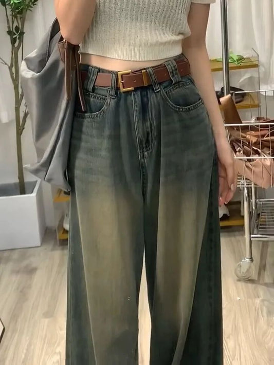 American Style Vintage Faded Wide Leg Jeans Women Summer Small Size Draping Slim Loose High Waist Straight Floor-Length Pants