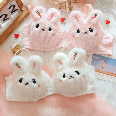 Um Lindo Sutiã de Inverno de Pelúcia Estilo Japonês com Um Coelho e Um Urso, Sem Aro