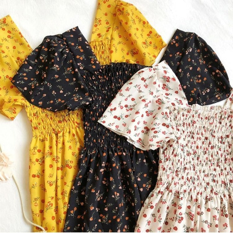 Spring Summer Chiffon Dress Women Midi DressesFemale Short Sleeve Elastic Waist