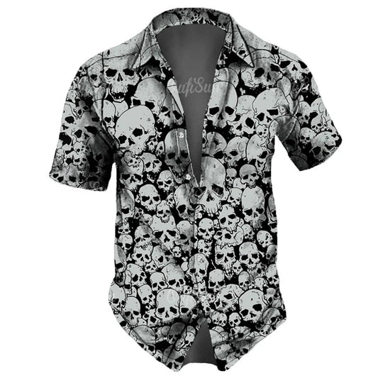 Men's casual Hawaiian lapel 3D horror skull retro printed button short sleeved shirt