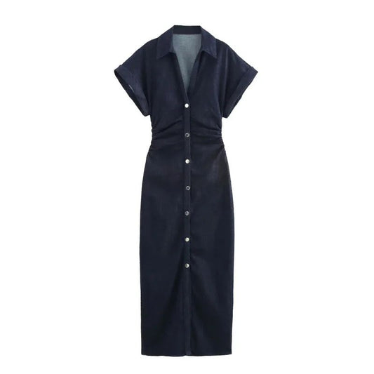 2025 traf Spring New 1975 series denim MIDI dress with lapel side zipper fashion