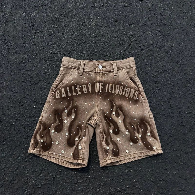 Goth Print Silk Jeans Men Shorts Street Harajuku Hiphop Vintage High Waited Denim Shorts of Men Clothing Casual Loose Pants Mens