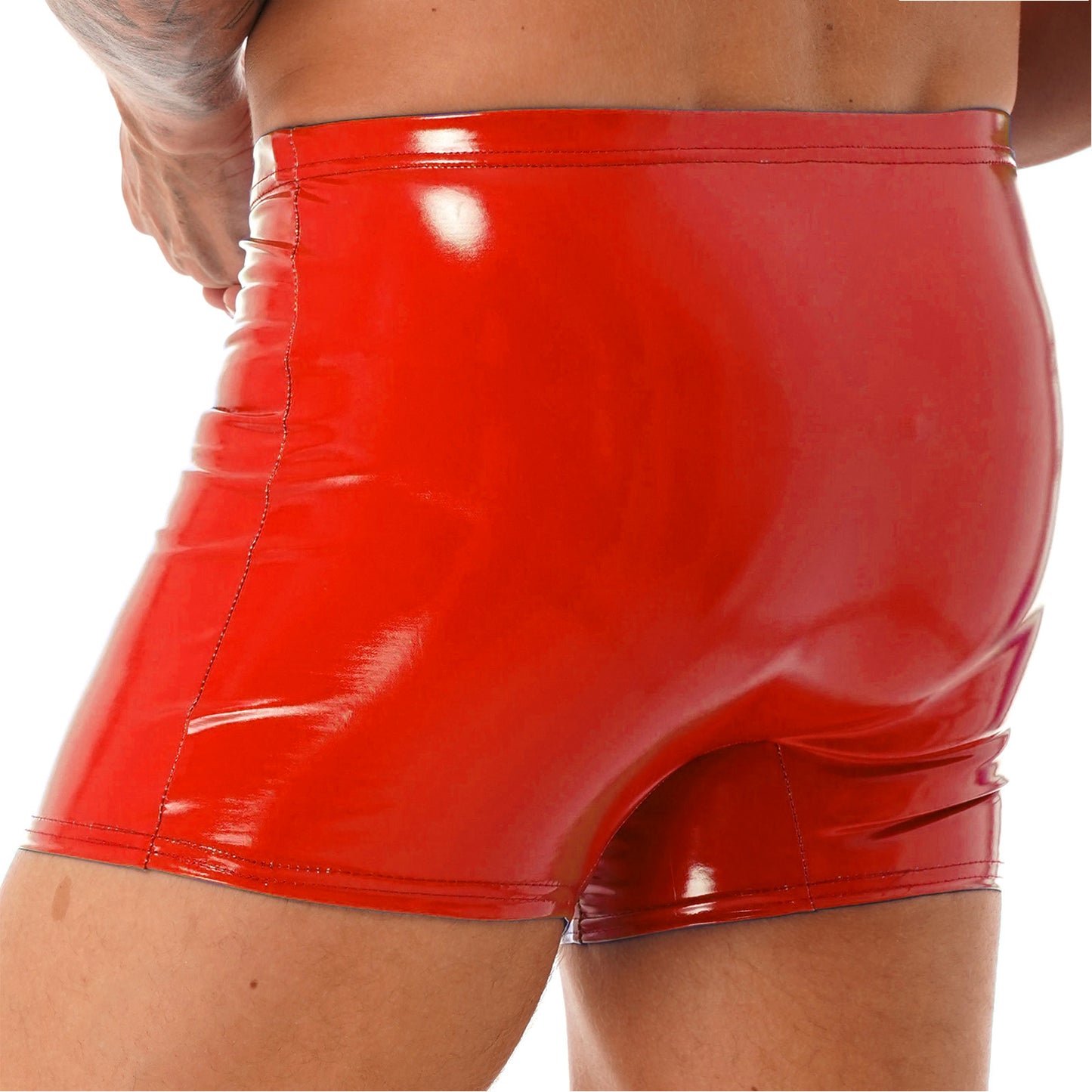 Mens Patent Leather Shorts Dance Performance Clubwear Wet Look Pants Elastic Waistband ShortsBulge Pouch Boxer Briefs Shorts