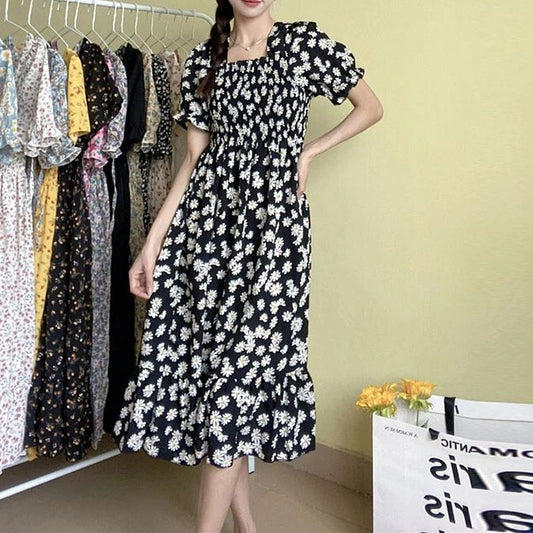 Spring Summer Elastic Waist Chiffon Dress Women Casual Dresses Fashion Female Vestidos Short Sleeve Pleated A-line Dresses
