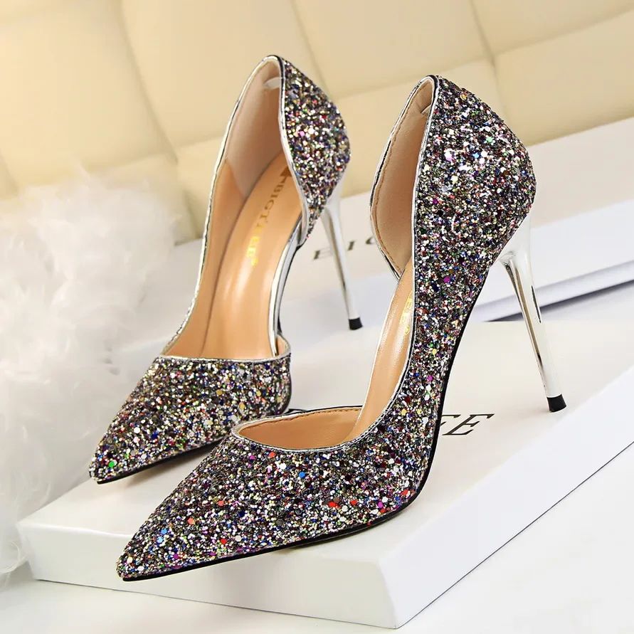 Plus Size 34-43 Women 9.5cm High Heels Stripper Bling Glod Red Silver Scarpins Pumps Lady Stiletto Wedding Bridal Fetish Shoes