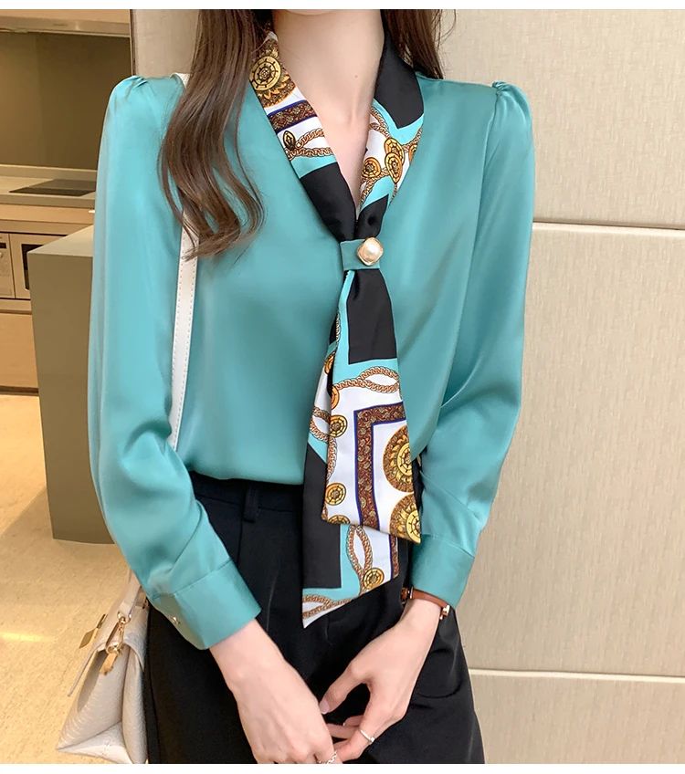 FANAN Elegant Fashion Office Lady Bow Solid Chiffon Shirts Women Clothing New Long Sleeve V-Neck Pullover Top Blouses Female2025