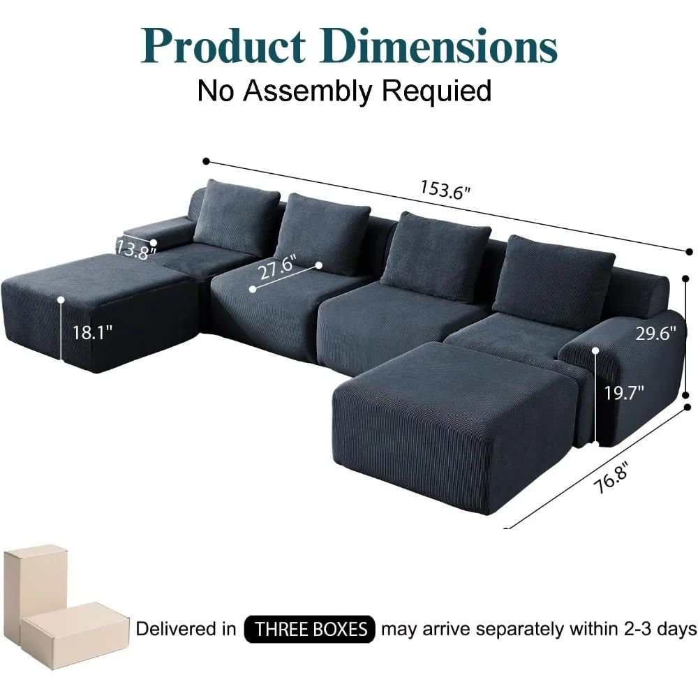 Oversized U-Shaped Corduroy Sectional Sofa Set with 2 Ottomans Deep Seat Boneless Comfortable Living Room Couch