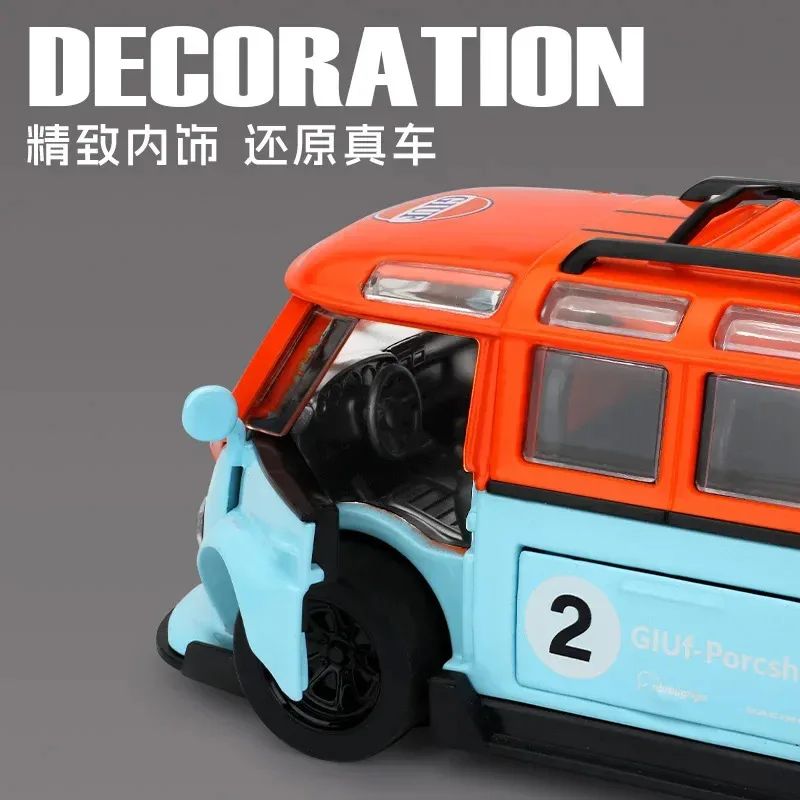 1:32 T1 Ônibus Modelo Som Luz Crianças Menino Brinquedo Veículo Colecionável Decoração de Casa Metal Miniatura Voiture