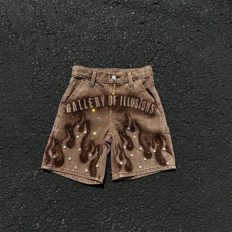 Goth Print Silk Jeans Men Shorts Street Harajuku Hiphop Vintage High Waited Denim Shorts of Men Clothing Casual Loose Pants Mens