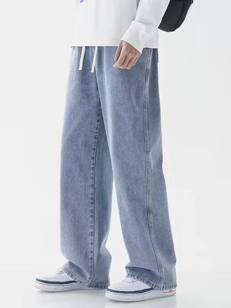 2025 Calça Jeans Masculina Coreana Casual Longa Reta Perna Larga Denim Cor Sólida Azul Claro Cinza Preto