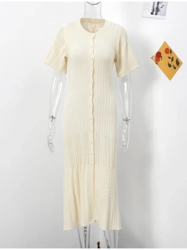 Elegant Knit Dress For Women White Slim O-neck Single Breasted Short Sleeve Long