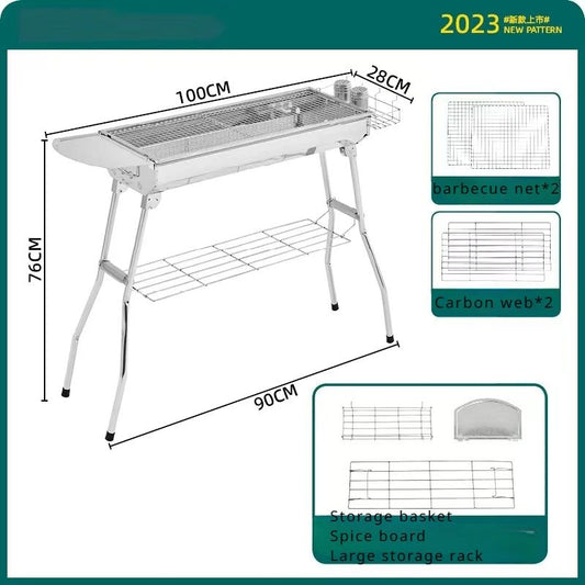 Outdoor Stainless Steel Charcoal Grill Large Size Barbecue Tool Portable Free Installation Handle Folding BBQ Cooking