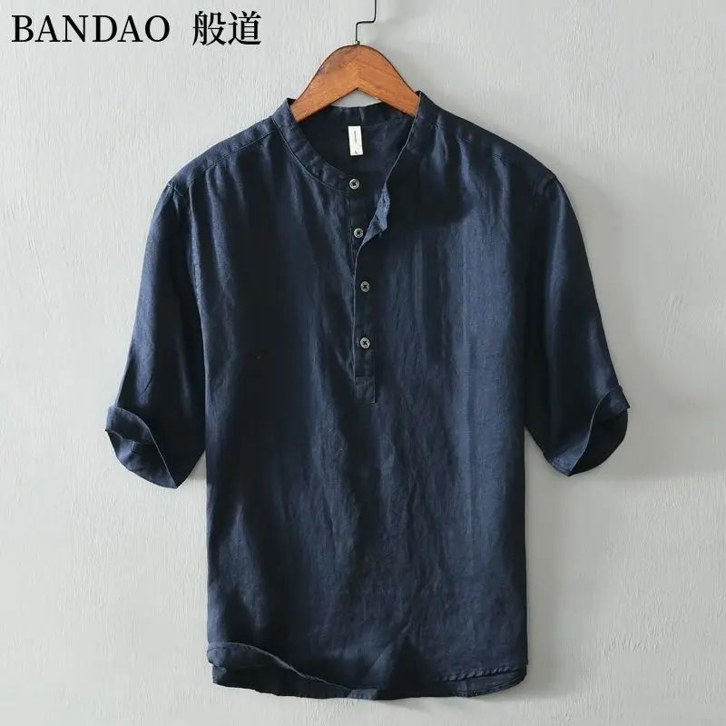 Chinese Style Spring and Summer Loose High-end Men's Linen Short-sleeved Cotton Linen Casual Breathable Shirt Collar T-shirt