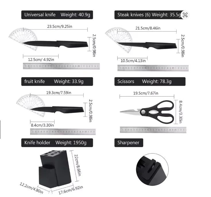 Conjunto de Facas, 15 Peças Conjunto de Facas de Cozinha com Bloco Autoafiável, Lavável na Lava-louças, 6 Facas de Carne, Cabo Antiderrapante, Preto