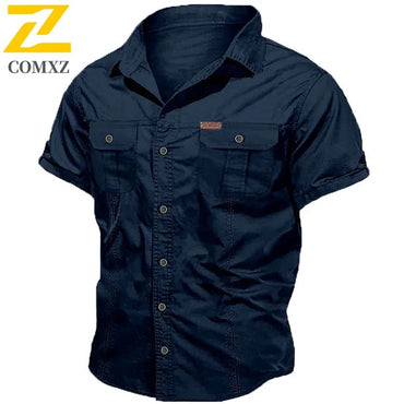 New Mens Work Shirt Casual Retro 100% Cotton Short Sleeve Flying Cargo Shirt Man Summer Fishing Hunting Multi Pocket Shirt 2025