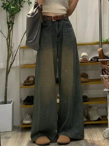 American Style Vintage Faded Wide Leg Jeans Women Summer Small Size Draping Slim Loose High Waist Straight Floor-Length Pants