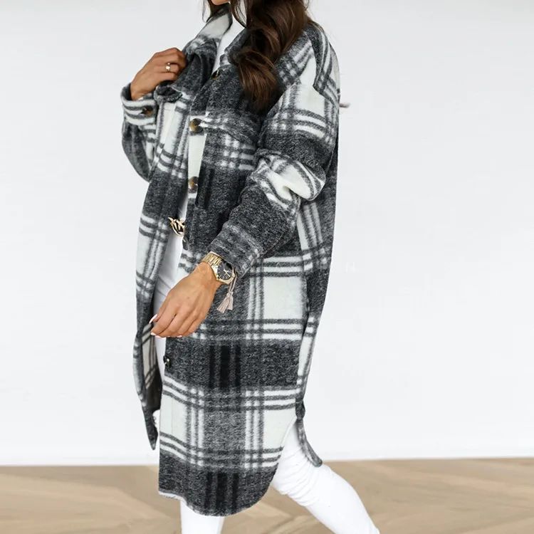 Single Breasted Trench Coat Fashion Long Autumn Winter Women's Clothing Long Sleeve Woolen Plaid Overcoat Coat