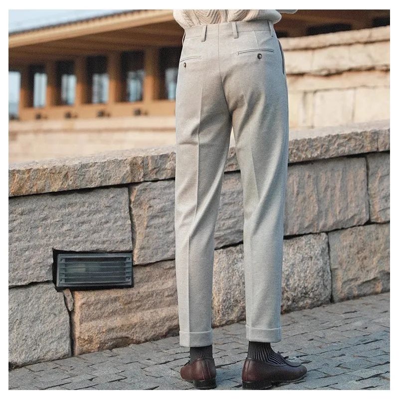 Men's Neapolitan High Waist Autumn Winter Woolen Trousers Straight Leg Drapey No Iron Business Pants Casual Scene