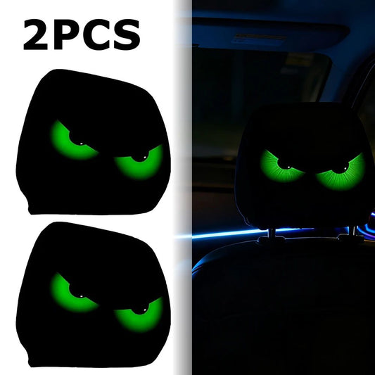 2PCS Black Fluorescent Eye Car Head Pillowcase, Double-sided Printed Car Interior Personalized Decoration Car Pillowcase