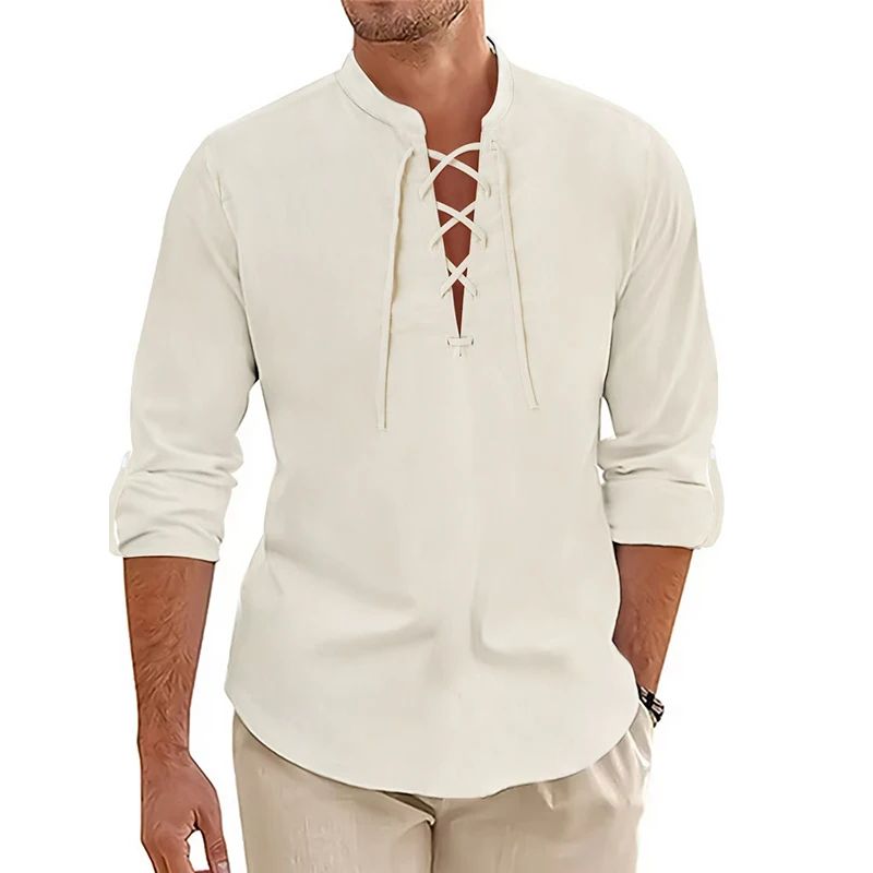 Men's Casual Long Sleeved TShirt Autumn Medieval Vintage Cotton Linen Shirts Halloween Streetwear Breathable Lace-up Streetwear