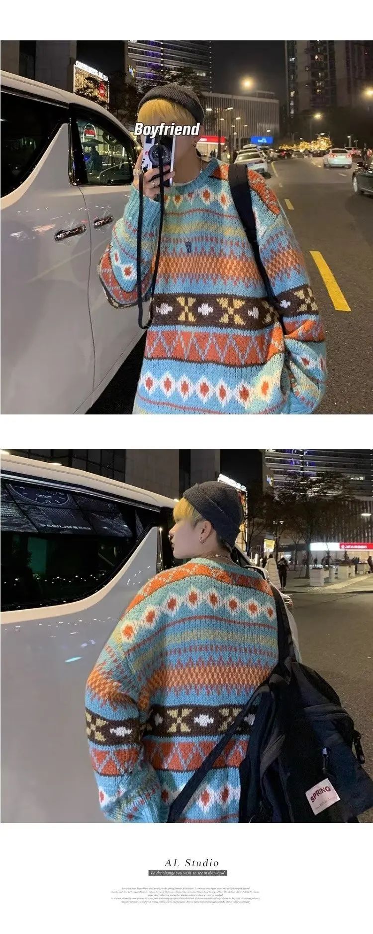 Japanese Vintage Sweater Men's Trendy Ethnic Striped Loose-Fit Knitted Top Casual Crew Neck Idle Style Couple Model Sweater