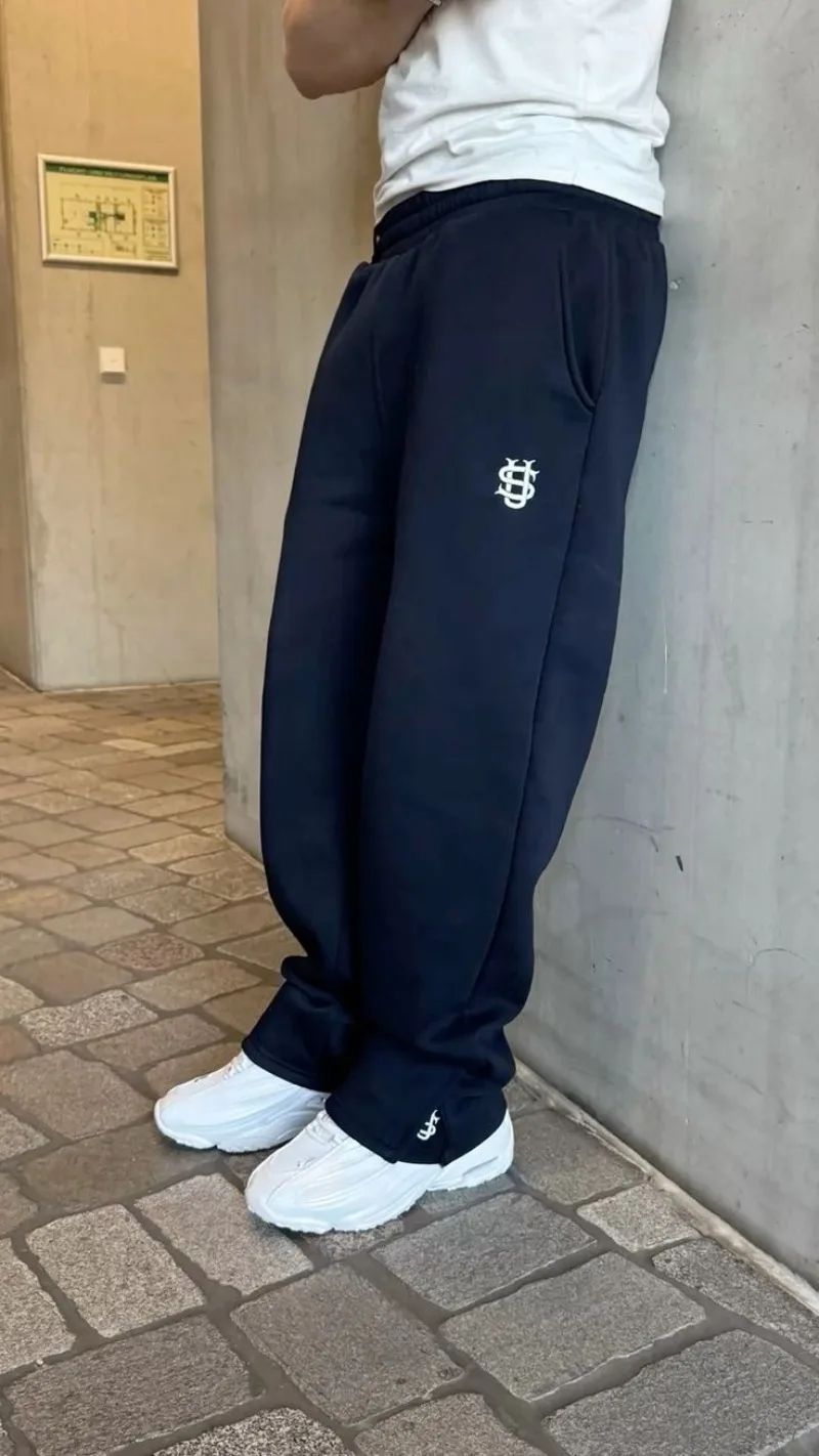 Calça Moletom Bordada Su Jogger Hip Hop Rosa Casual Cintura Elástica Masculina Americana Marinho Y2K Moeda Berlim Street Estilo Anos 2000
