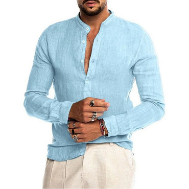Cotton Linen Hot Sale Men's Long-Sleeved Shirts Summer Solid Color Stand-Up Collar Casual Beach Style Plus Size