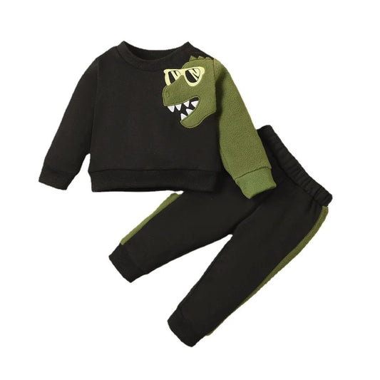3-24 Months Baby Boys 2PCS Clothes Set Dinosaur Pattern Long Sleeves Print Black Top+Pants Toddles Autumn&Winter Handsome Outfit